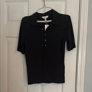 SPANX Black Ribbed Button Down Polo Shirt